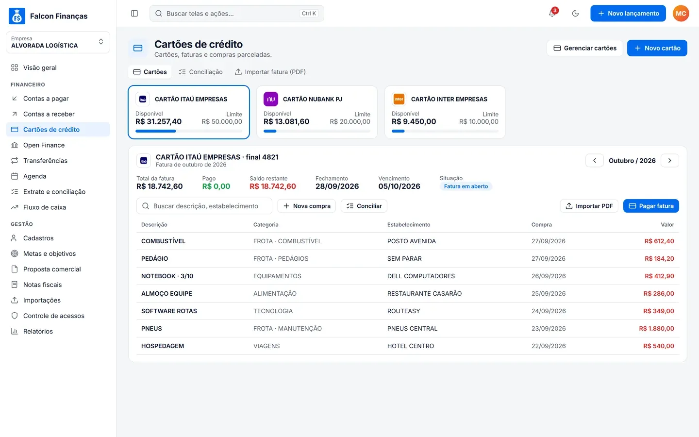 Cartões de crédito no Falcon Finanças 3.0