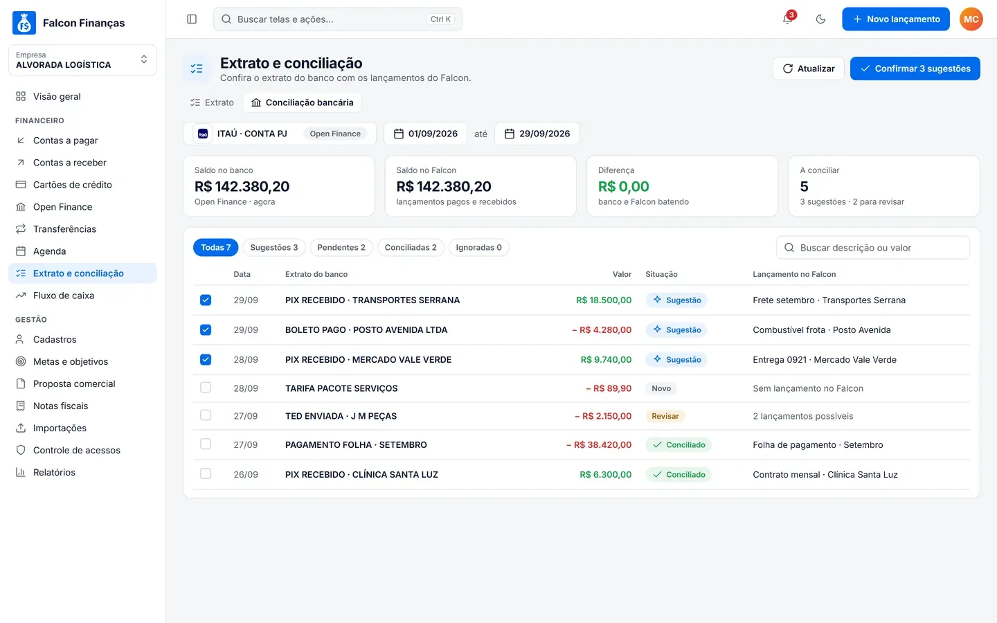 Conciliação bancária do Falcon Finanças 3.0
